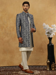 Men’s Woven Silk Jacquard Indo-Western Set ( 50JIND 592W 164Grey )