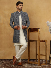 Men’s Woven Silk Jacquard Indo-Western Set ( 50JIND 592W 164Grey )
