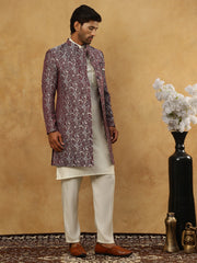 Men’s Woven Silk Jacquard Indo-Western Set ( 50JIND 592W 164Maroon )