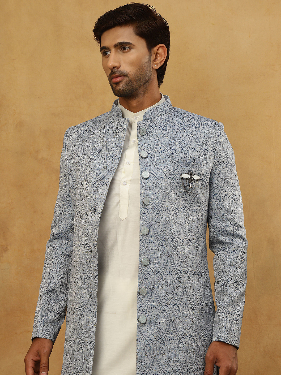 DesiQlo Men Self Design Indo Western Set - Grey - 50JIND_592W_168Grey_