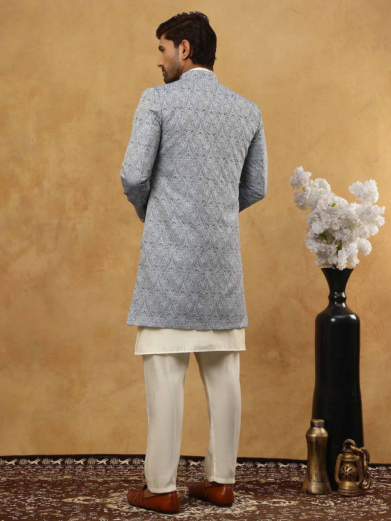 DesiQlo Men Self Design Indo Western Set - Grey - 50JIND_592W_168Grey_