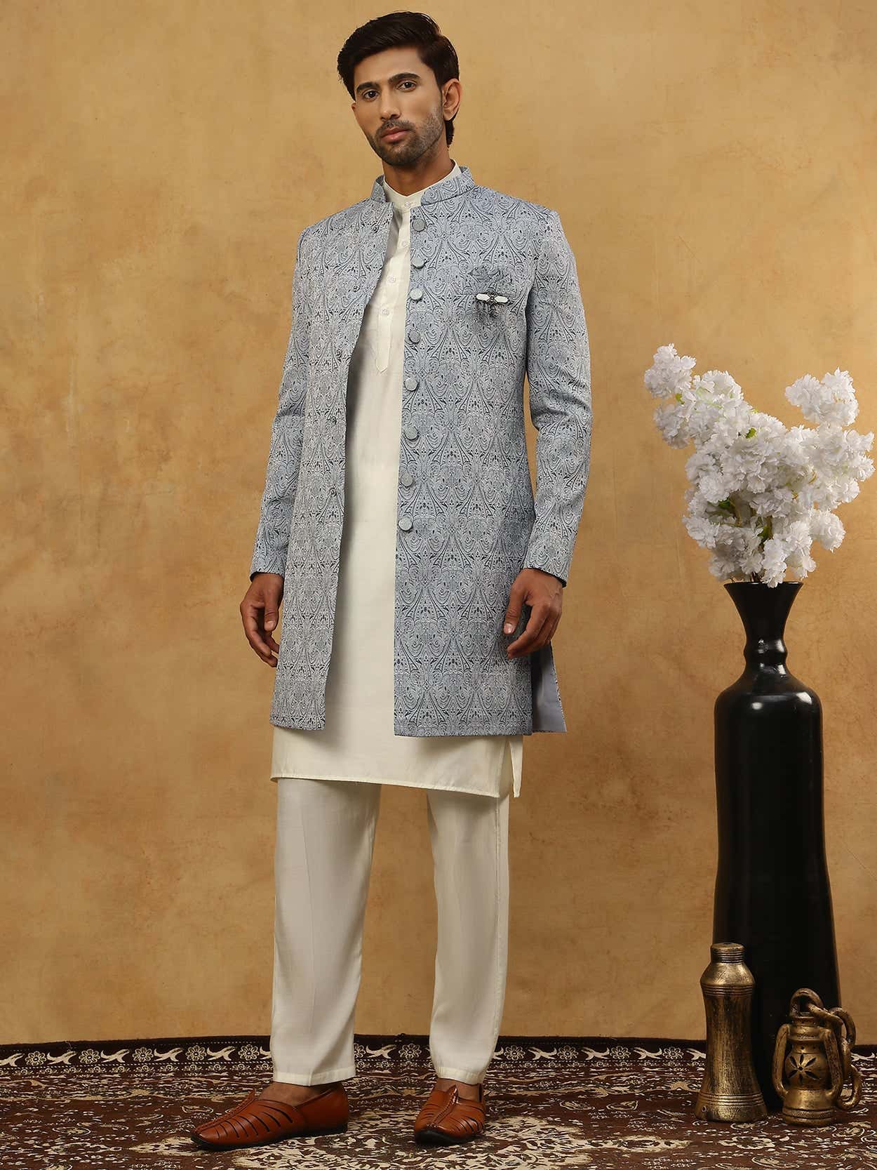 DesiQlo Men Self Design Indo Western Set - Grey - 50JIND_592W_168Grey_