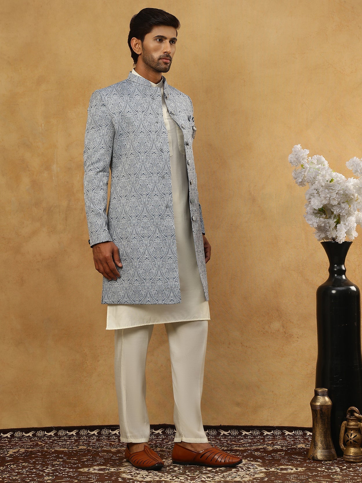 DesiQlo Men Self Design Indo Western Set - Grey - 50JIND_592W_168Grey_