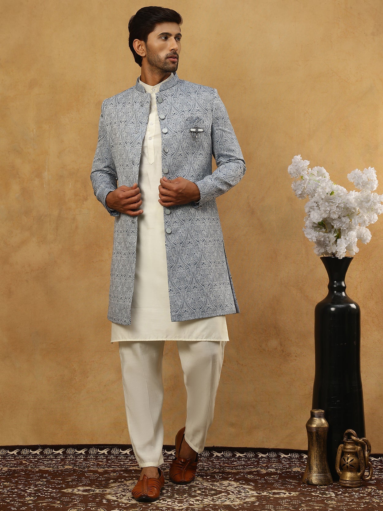 DesiQlo Men Self Design Indo Western Set - Grey - 50JIND_592W_168Grey_
