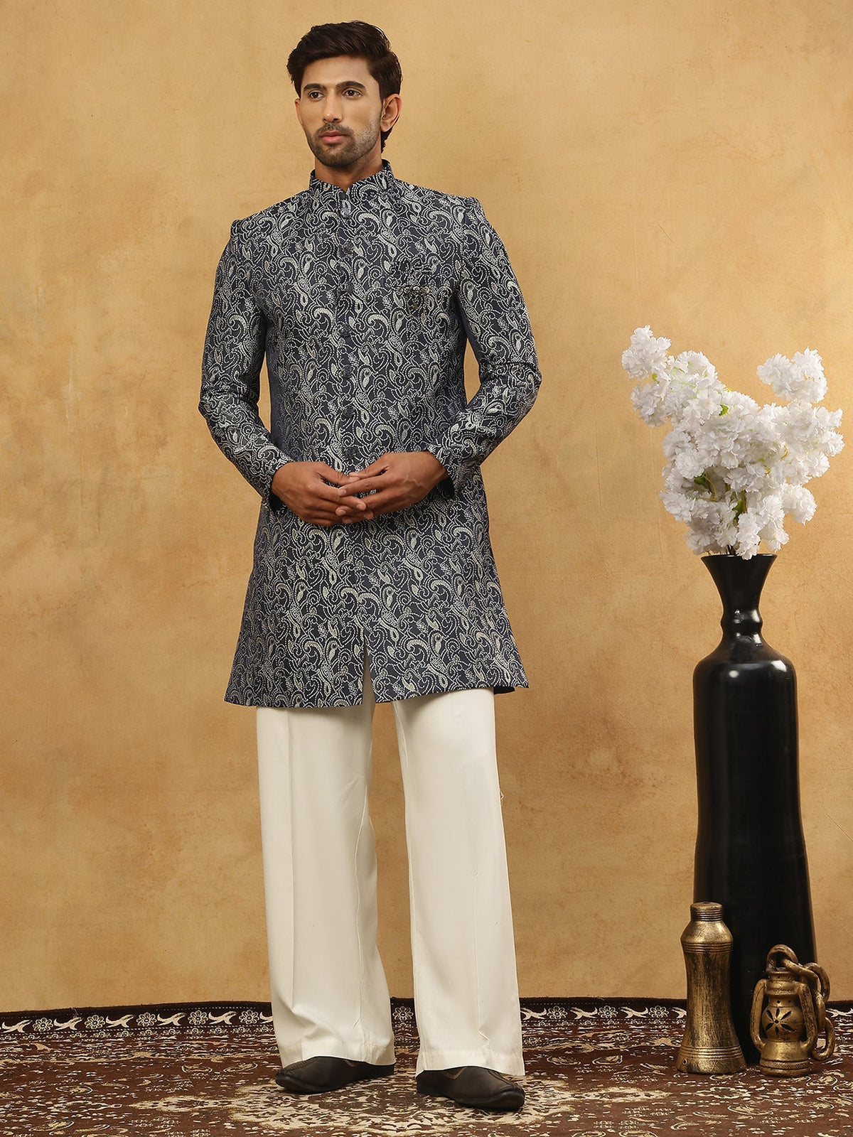 Men’s Woven Silk Jacquard Indo-Western Set ( 50JIND P11W 164Grey )