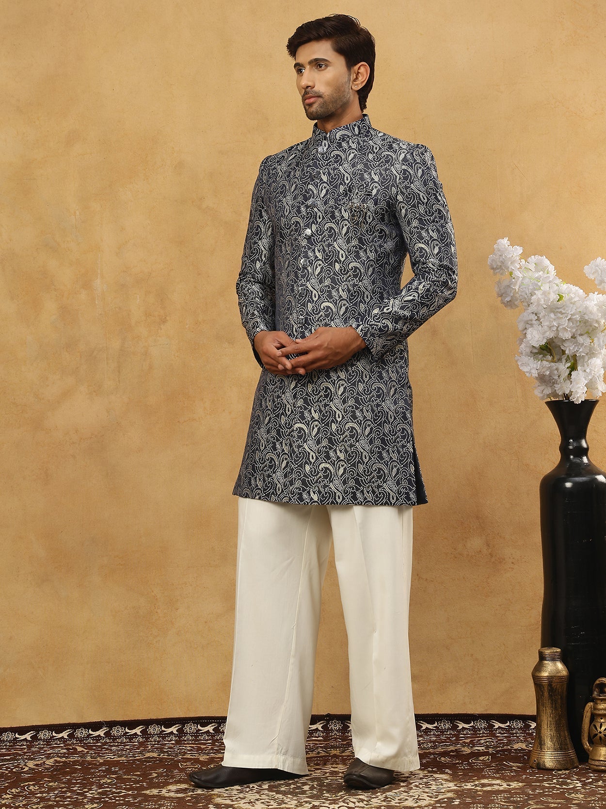 DesiQlo Men Self Design Indo Western Set - Grey - 50JIND_P11W_164Grey_