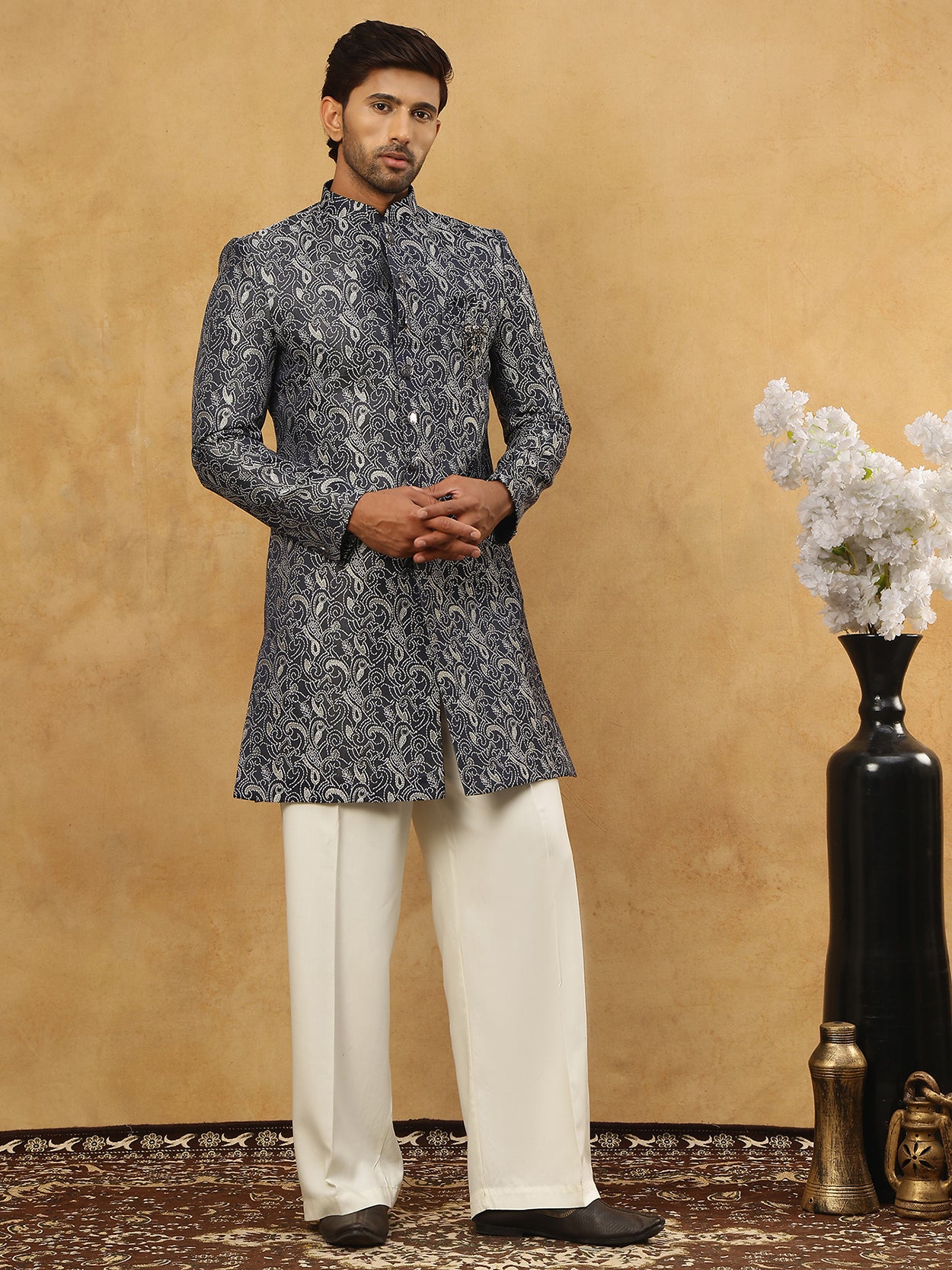 DesiQlo Men Self Design Indo Western Set - Grey - 50JIND_P11W_164Grey_