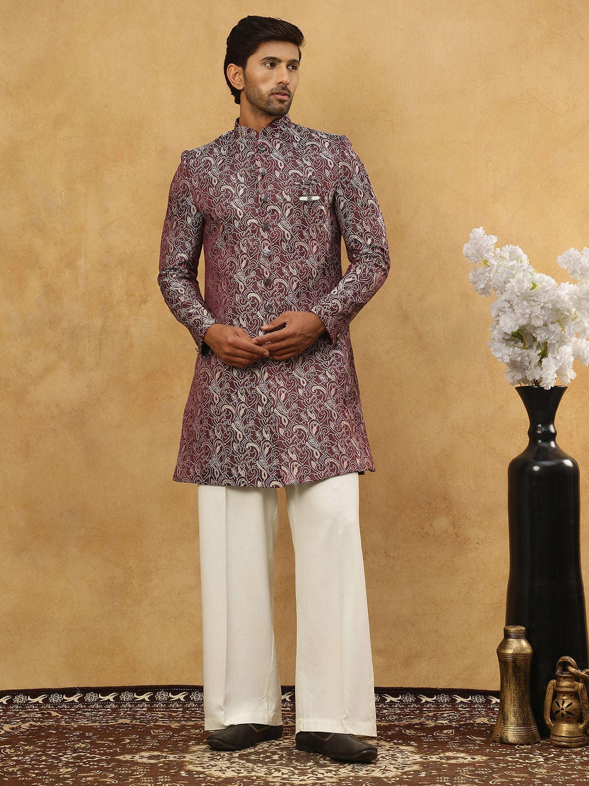 Men’s Woven Silk Jacquard Indo-Western Set ( 50JIND P11W 164Maroon )