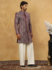 Men’s Woven Silk Jacquard Indo-Western Set ( 50JIND P11W 164Maroon )