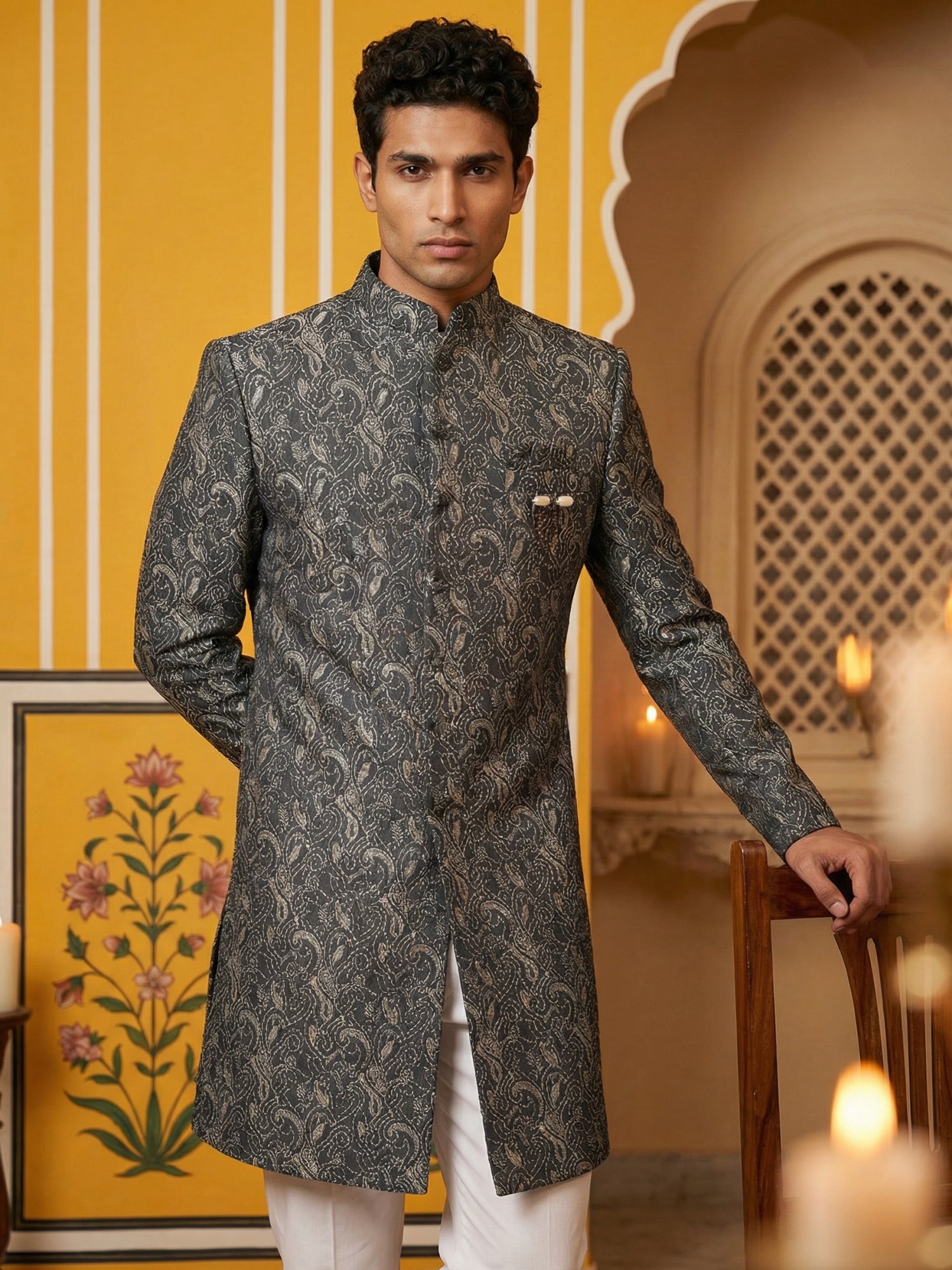 DesiQlo Men Self Design Indo Western Set - Grey - 50JIND_P5W_164Grey_S