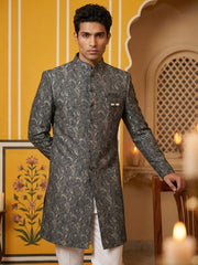 Men’s Woven Silk Jacquard Indo-Western Set ( 50JIND P5W 164Grey S )