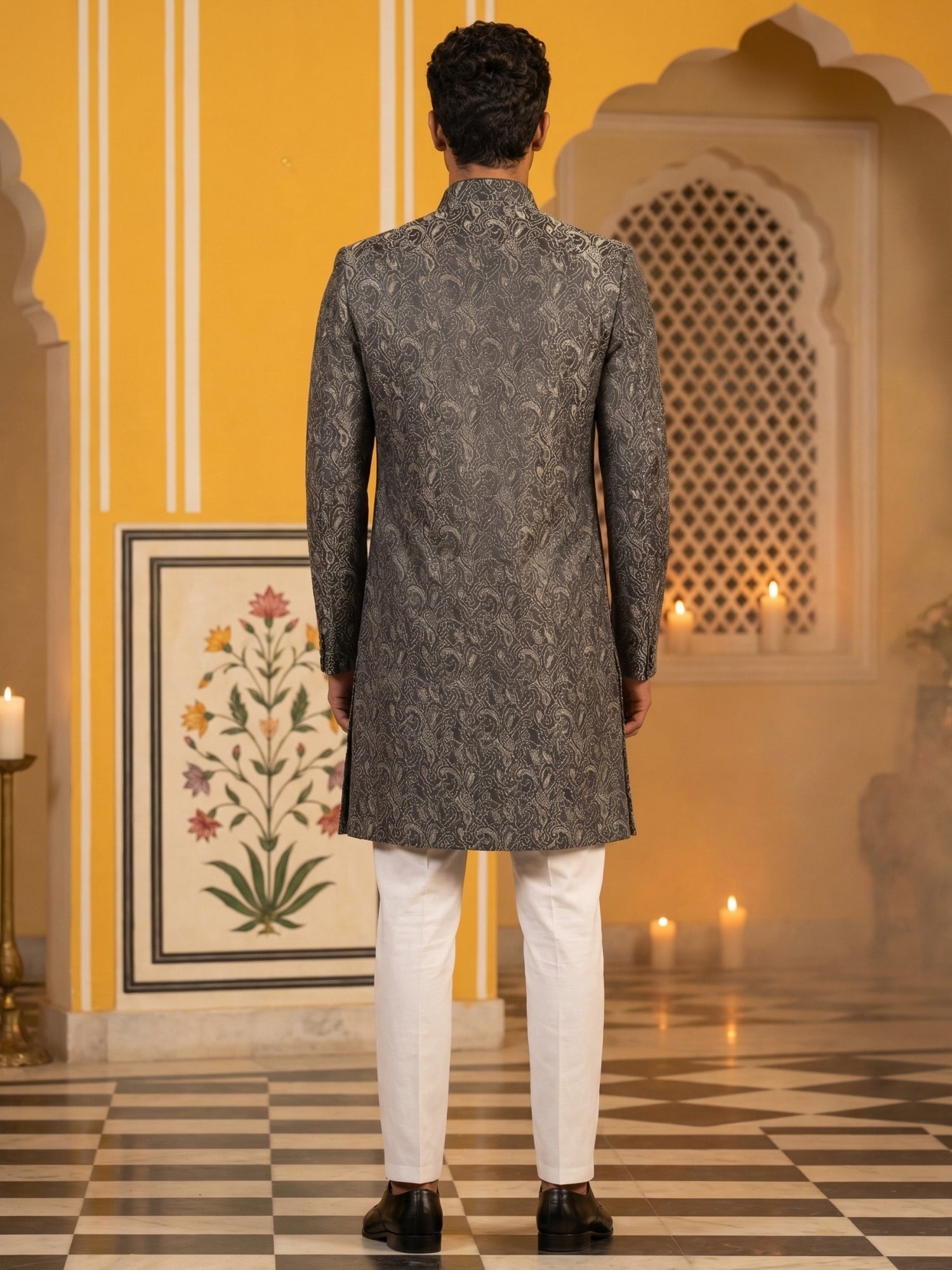DesiQlo Men Self Design Indo Western Set - Grey - 50JIND_P5W_164Grey_S