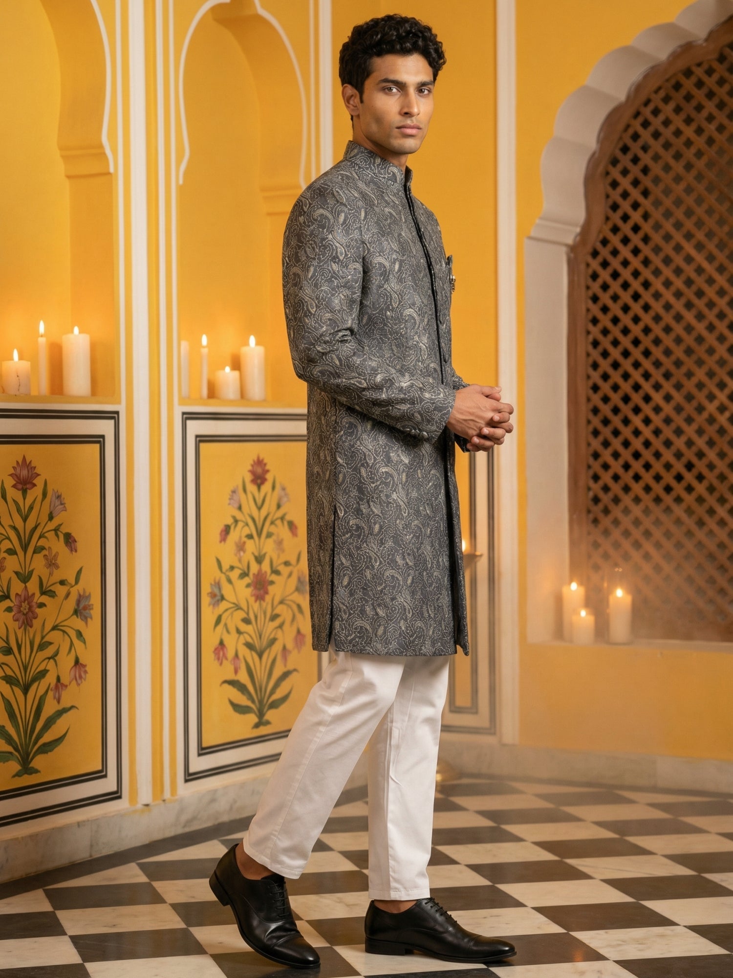 DesiQlo Men Self Design Indo Western Set - Grey - 50JIND_P5W_164Grey_S