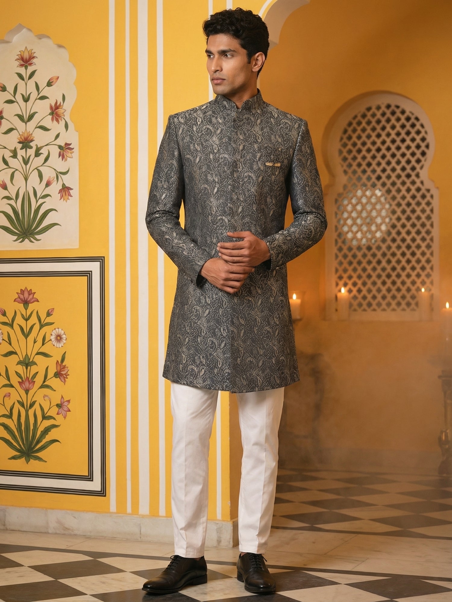DesiQlo Men Self Design Indo Western Set - Grey - 50JIND_P5W_164Grey_S