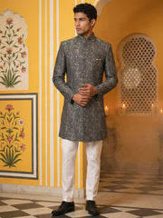 Men’s Woven Silk Jacquard Indo-Western Set ( 50JIND P5W 164Grey S )