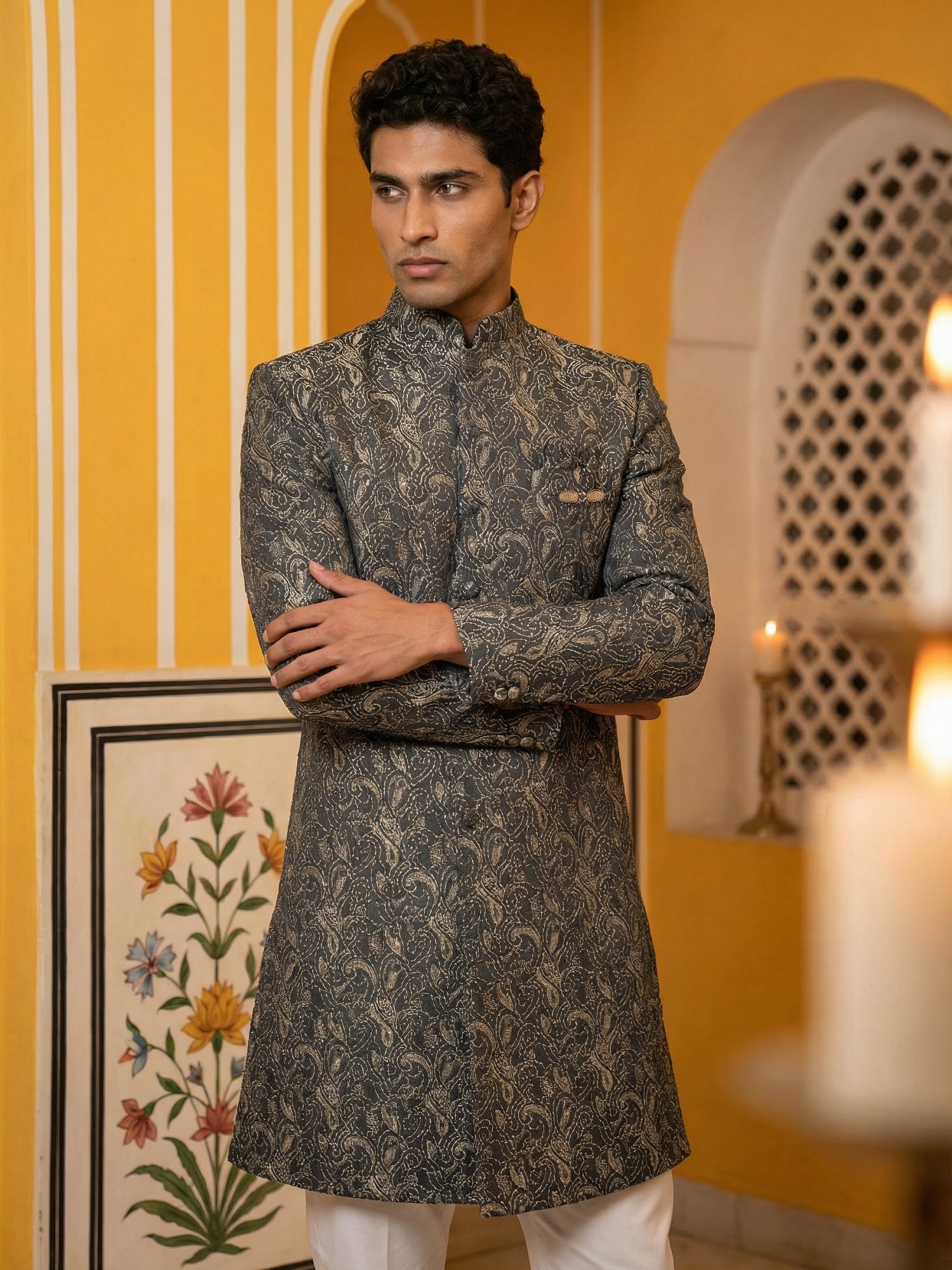 DesiQlo Men Self Design Indo Western Set - Grey - 50JIND_P5W_164Grey_S