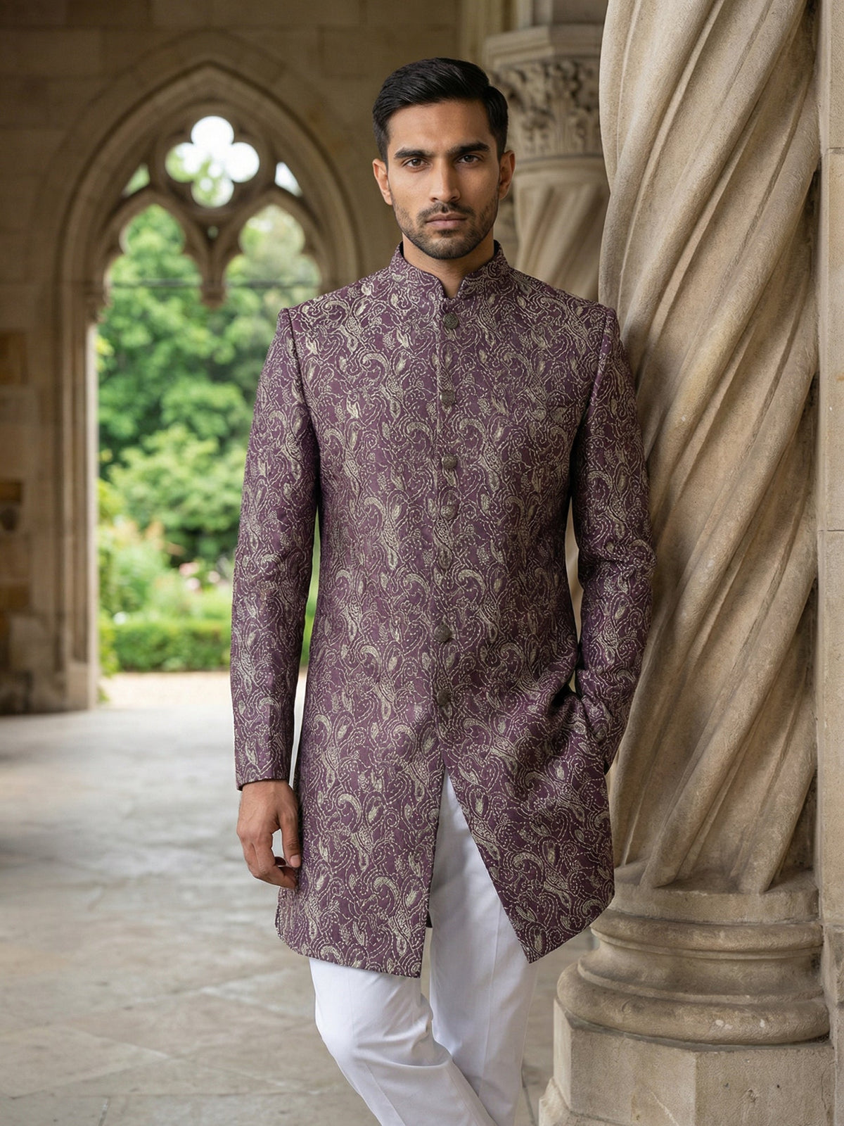Men’s Woven Silk Jacquard Indo-Western Set ( 50JIND P5W 164Maroon S )