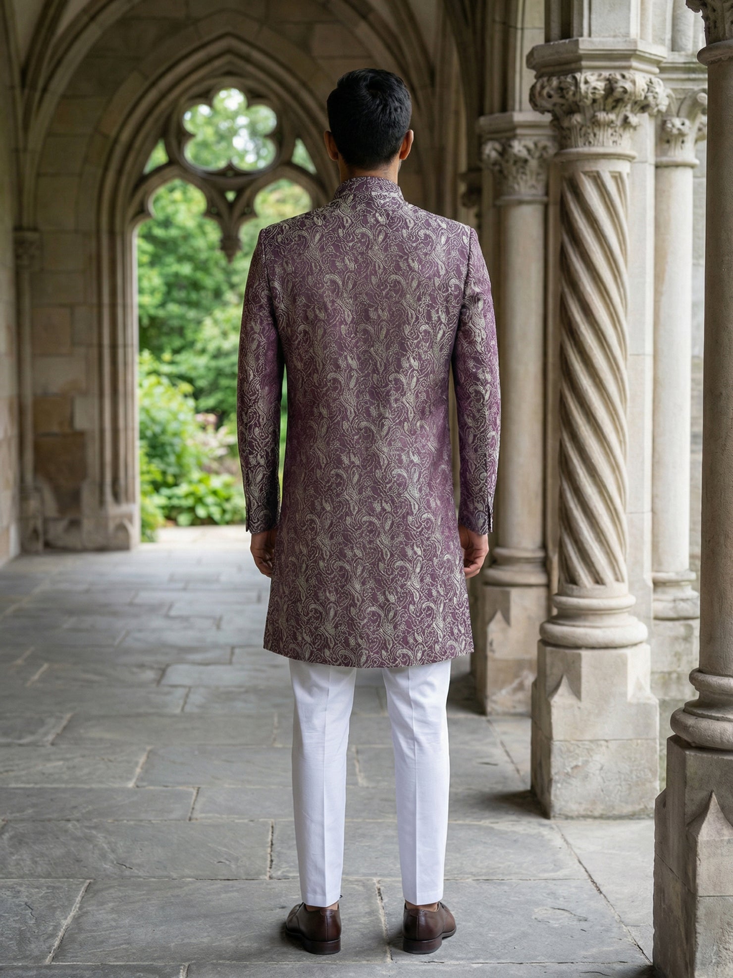 DesiQlo Men Self Design Indo Western Set - Maroon - 50JIND_P5W_164Maro