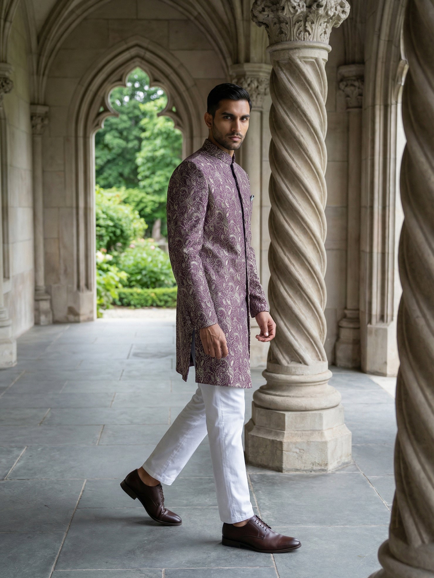 DesiQlo Men Self Design Indo Western Set - Maroon - 50JIND_P5W_164Maro