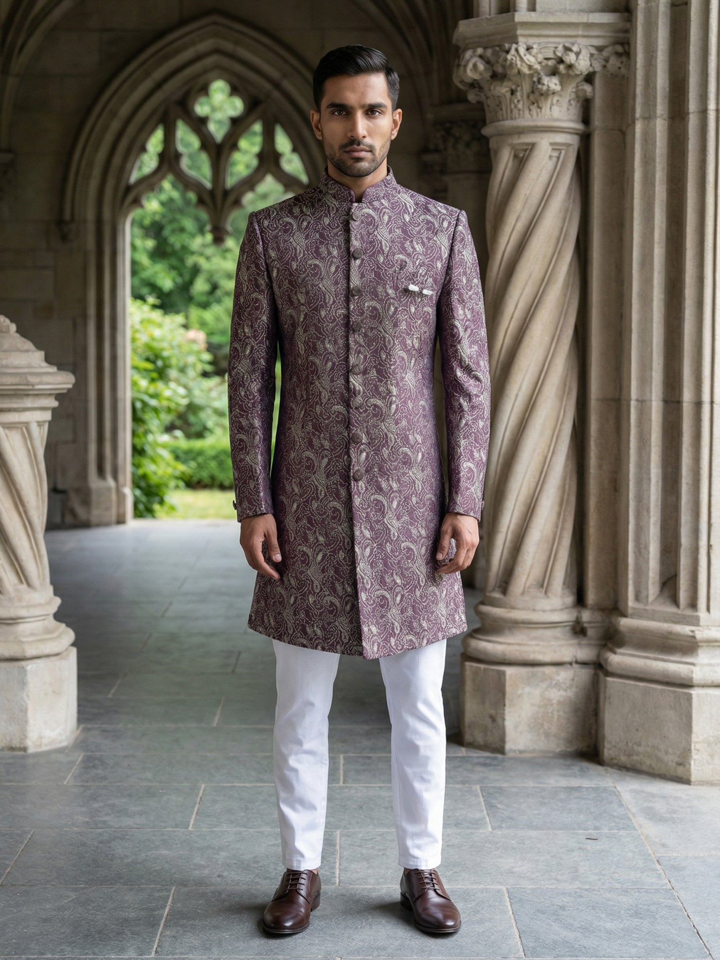 DesiQlo Men Self Design Indo Western Set - Maroon - 50JIND_P5W_164Maro