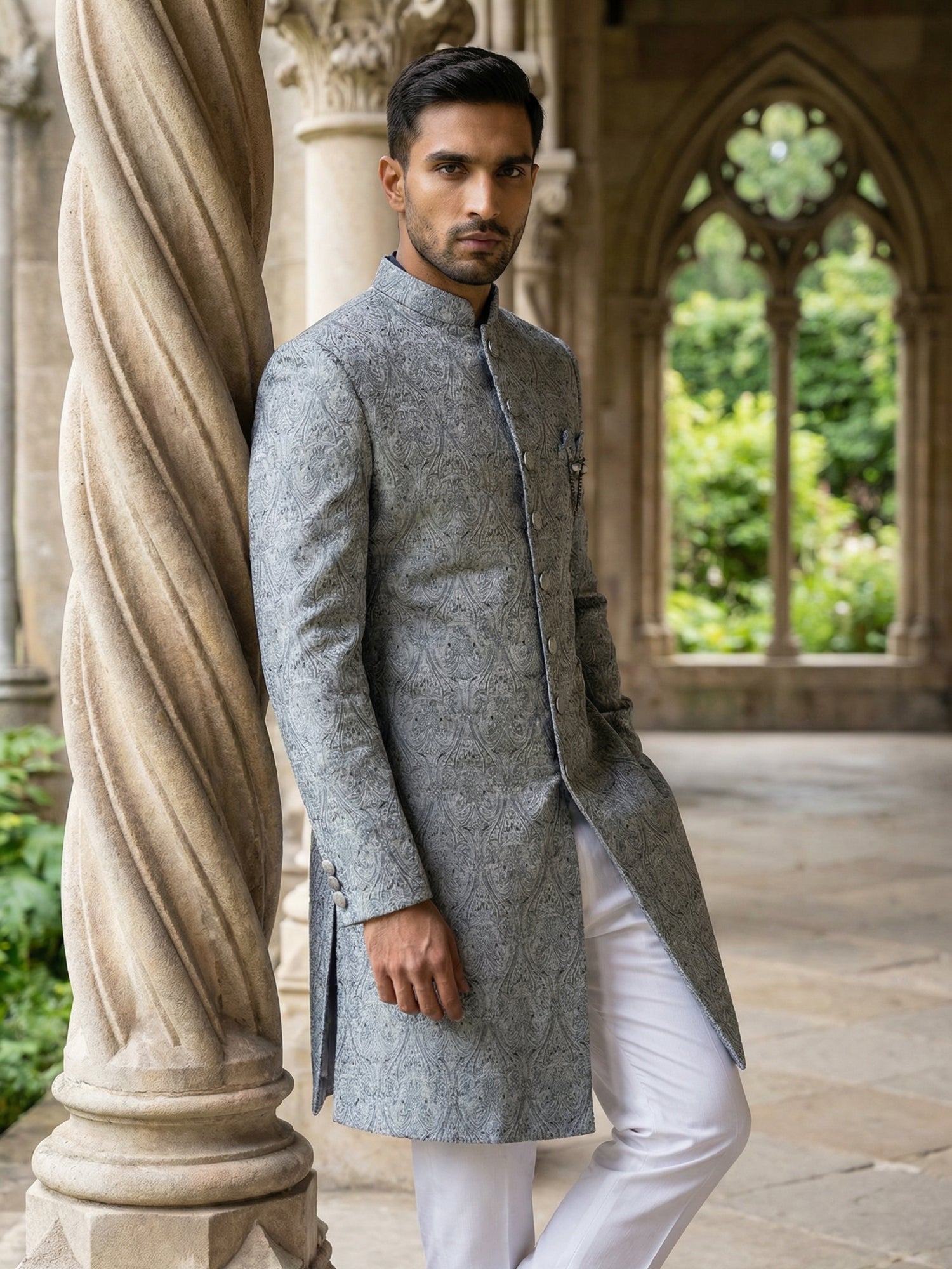 DesiQlo Men Self Design Indo Western Set - Grey - 50JIND_P5W_168Grey_S