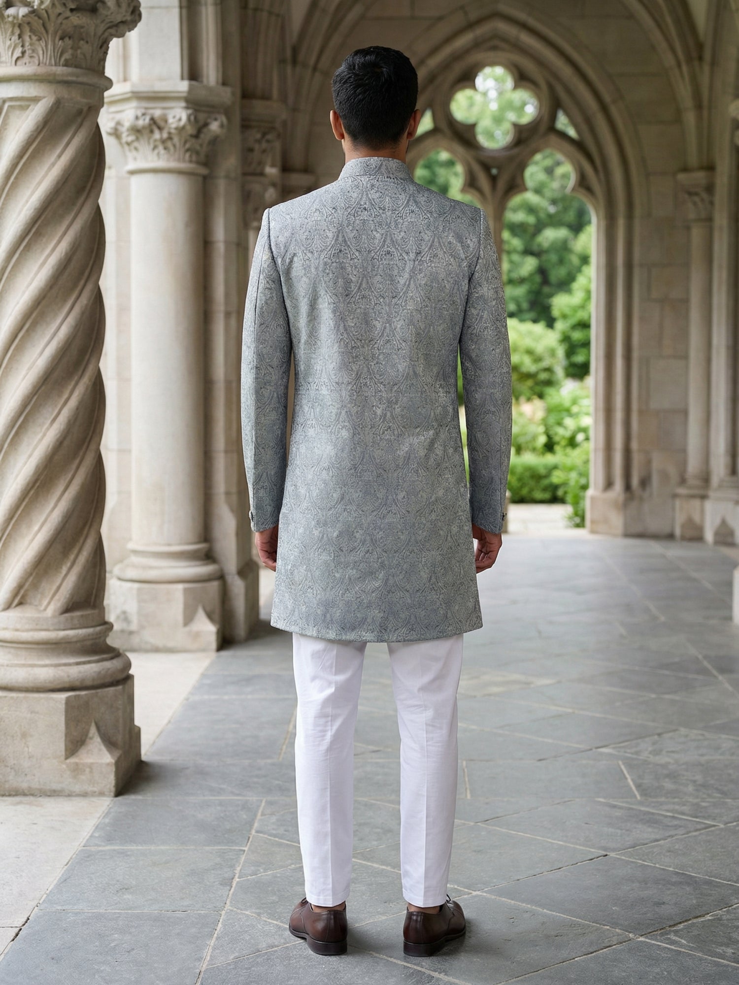 DesiQlo Men Self Design Indo Western Set - Grey - 50JIND_P5W_168Grey_S