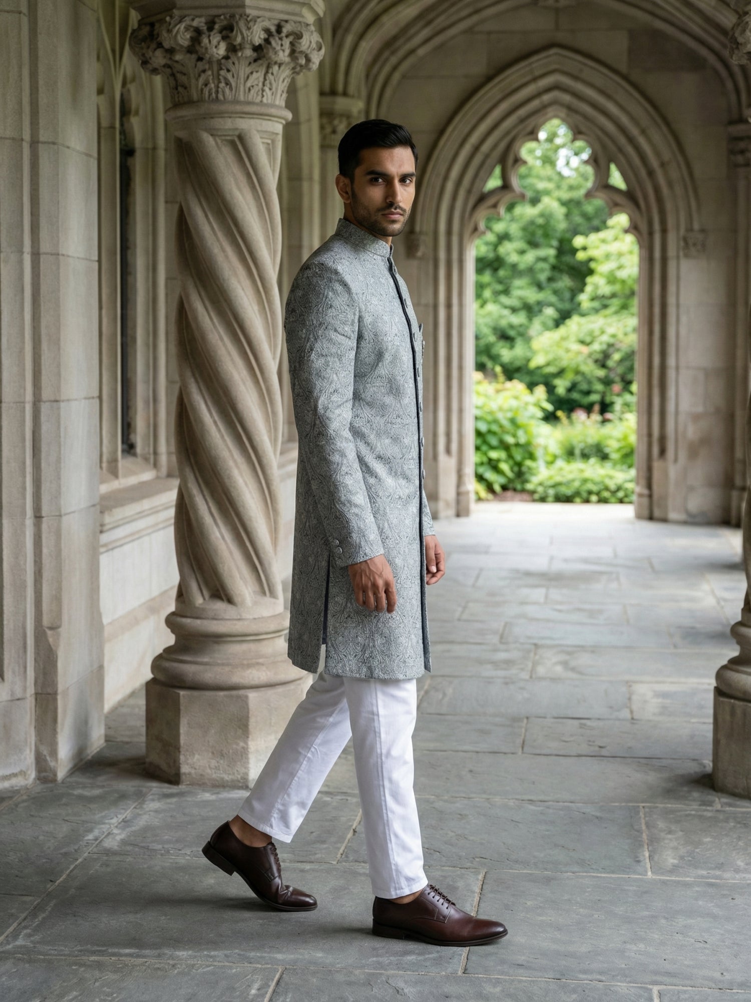 DesiQlo Men Self Design Indo Western Set - Grey - 50JIND_P5W_168Grey_S