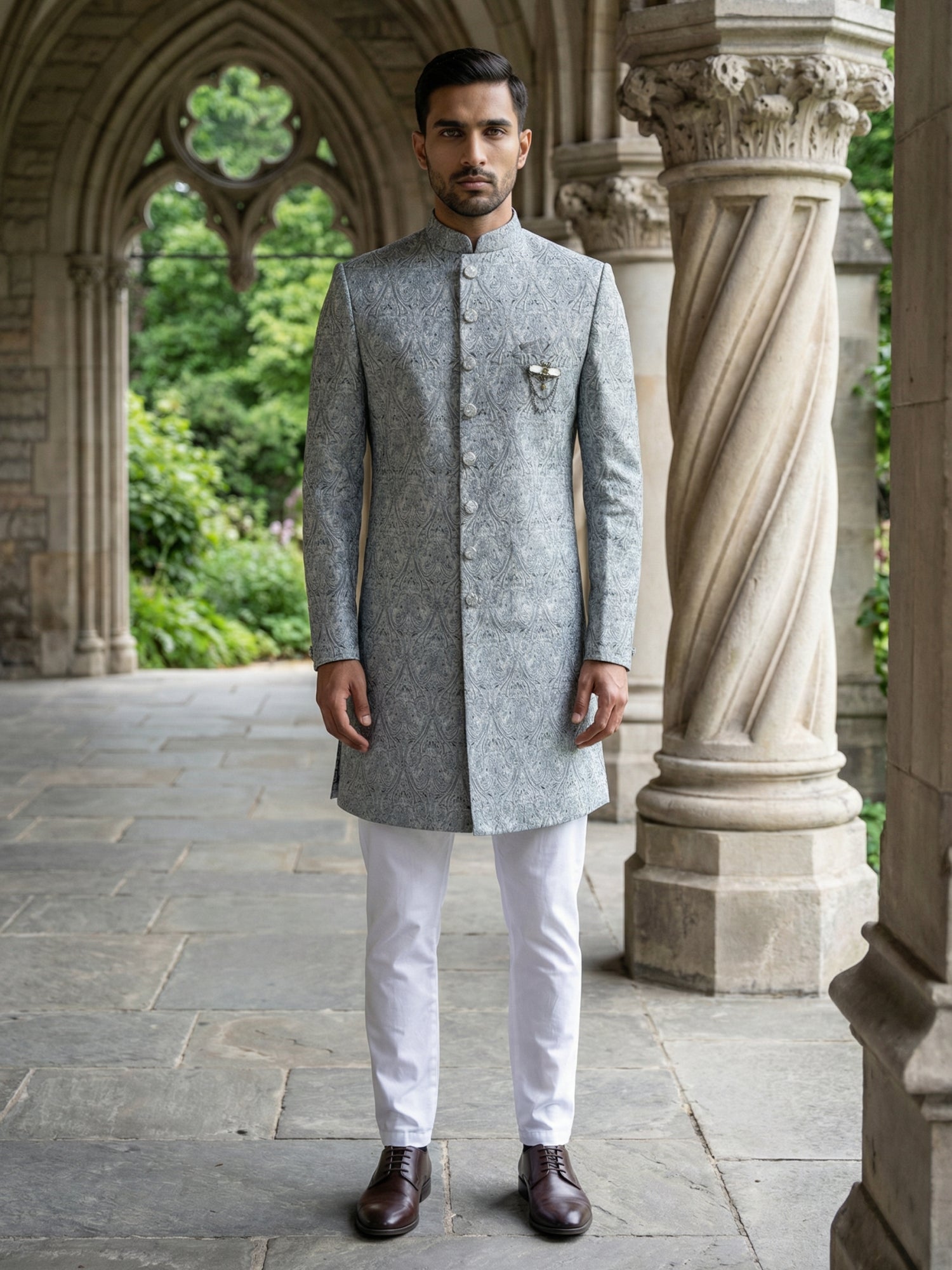 DesiQlo Men Self Design Indo Western Set - Grey - 50JIND_P5W_168Grey_S