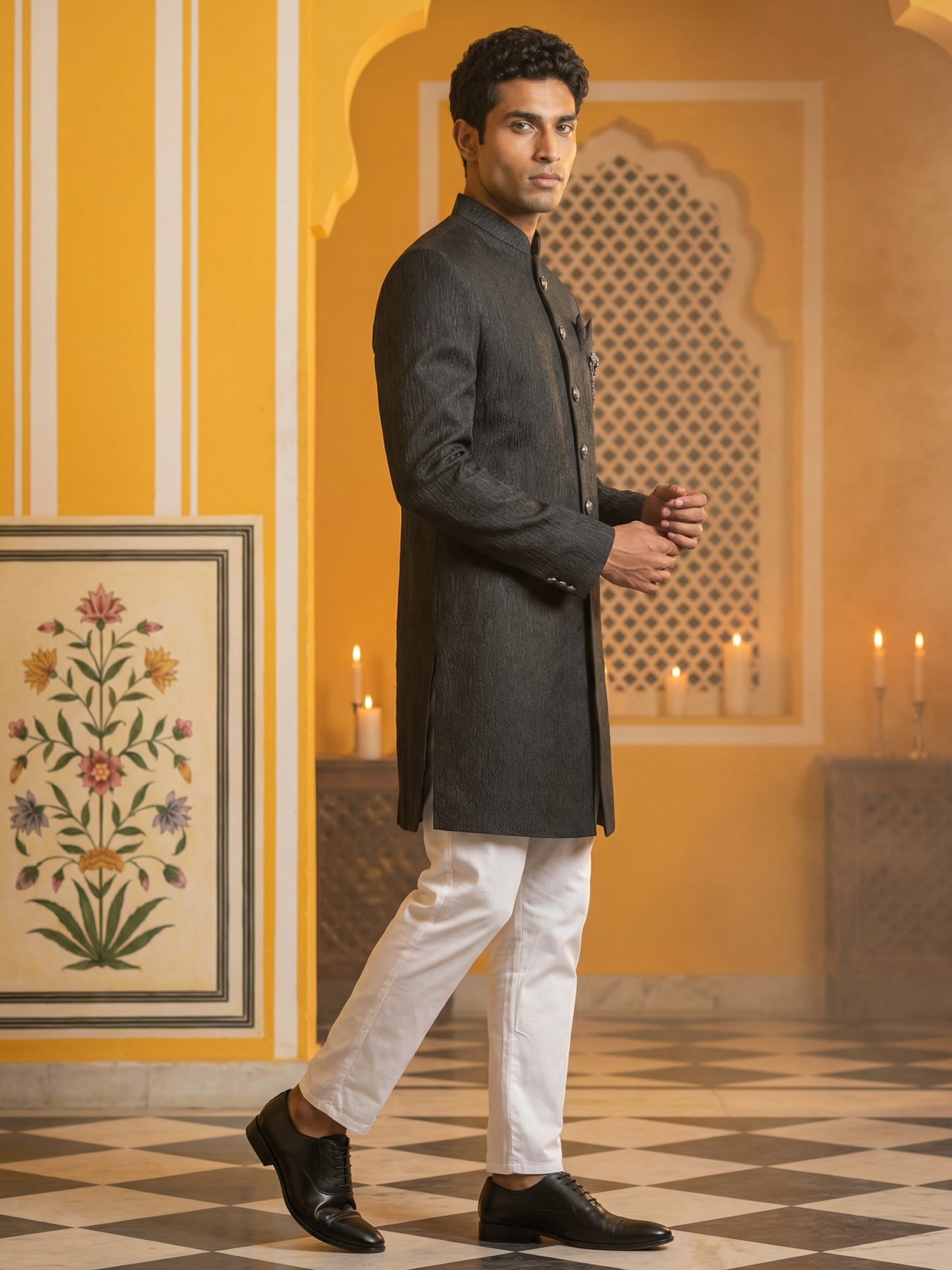 DesiQlo Men Embroidered Indo Western Set - Black - 50JIND_P5W_171Black