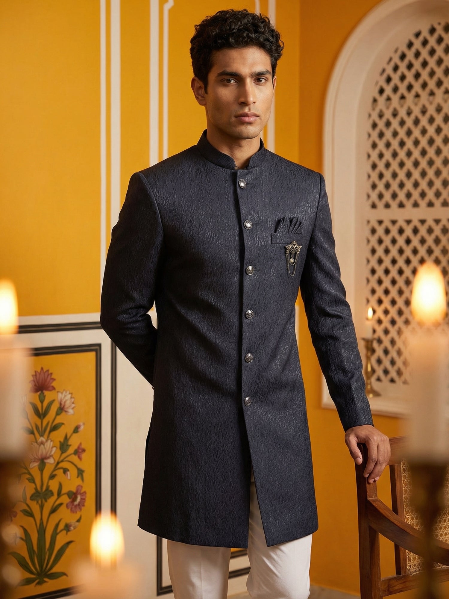 DesiQlo Men Embroidered Indo Western Set - Blue - 50JIND_P5W_171Navy_S