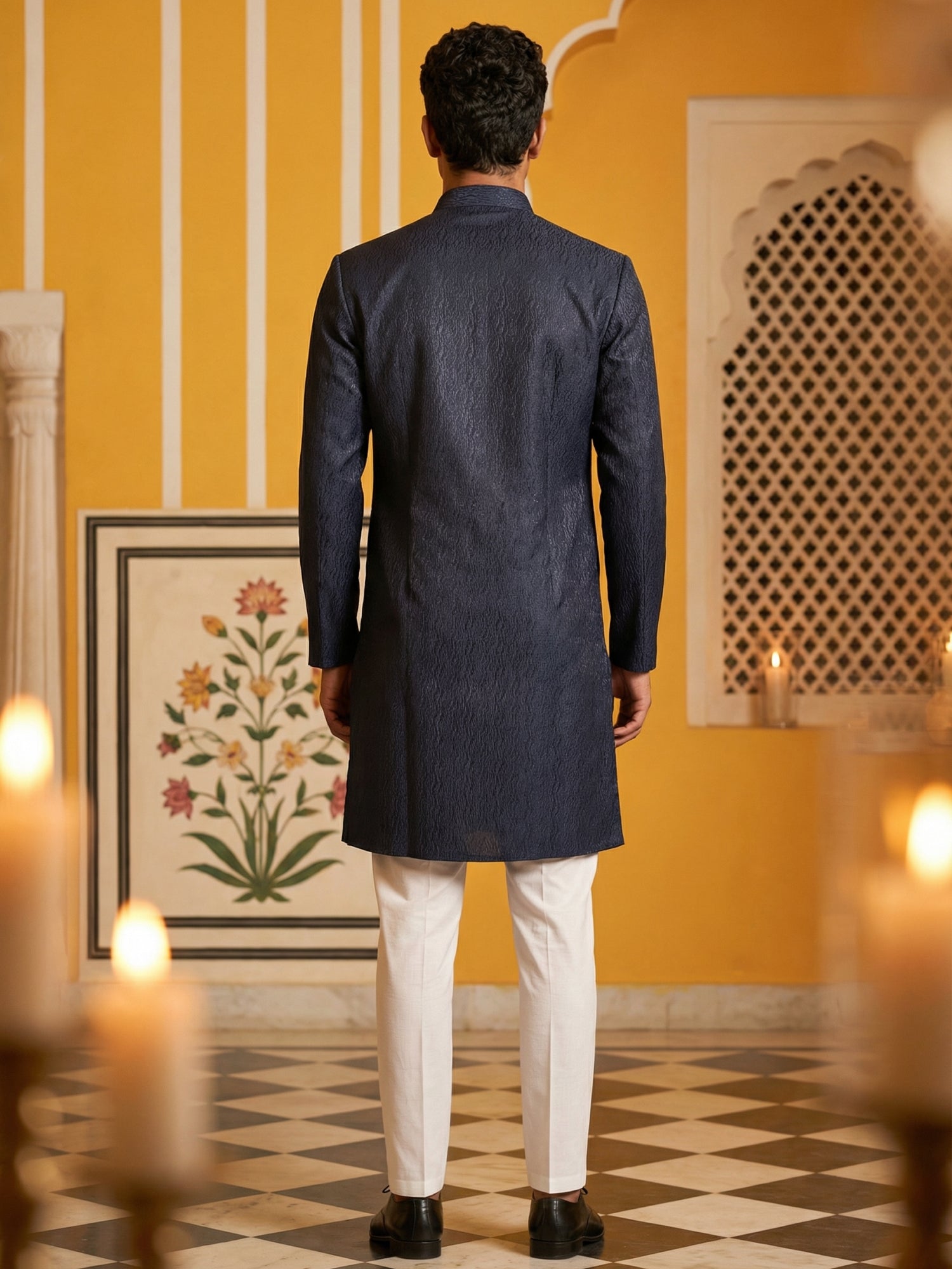 DesiQlo Men Embroidered Indo Western Set - Blue - 50JIND_P5W_171Navy_S