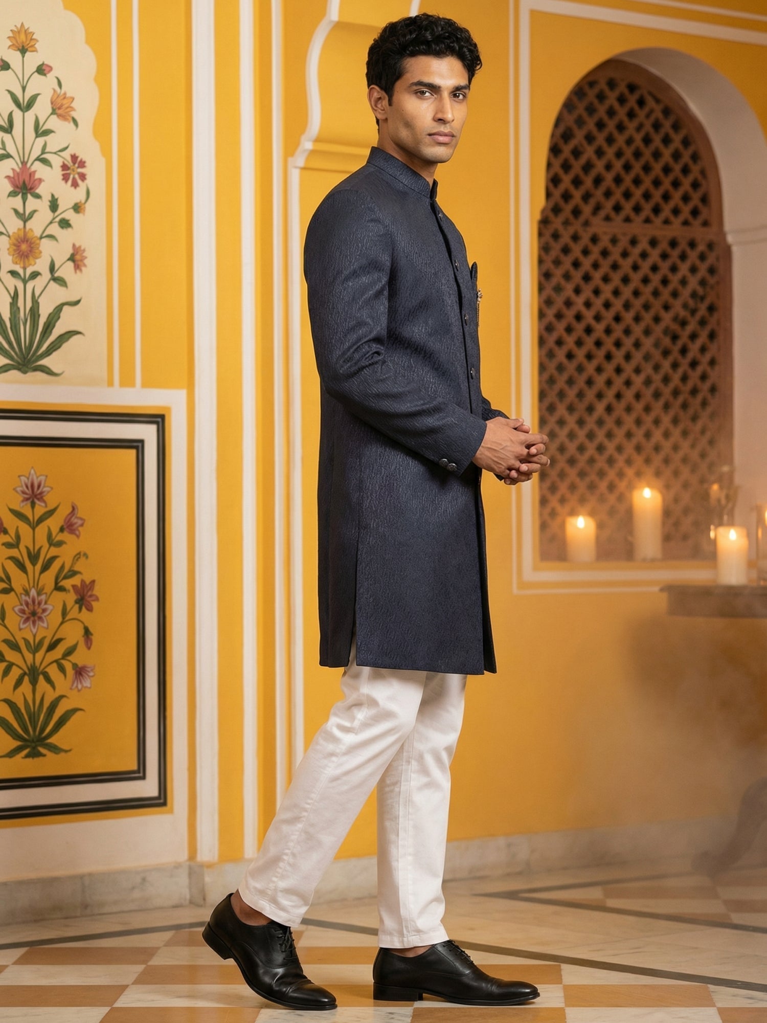 DesiQlo Men Embroidered Indo Western Set - Blue - 50JIND_P5W_171Navy_S