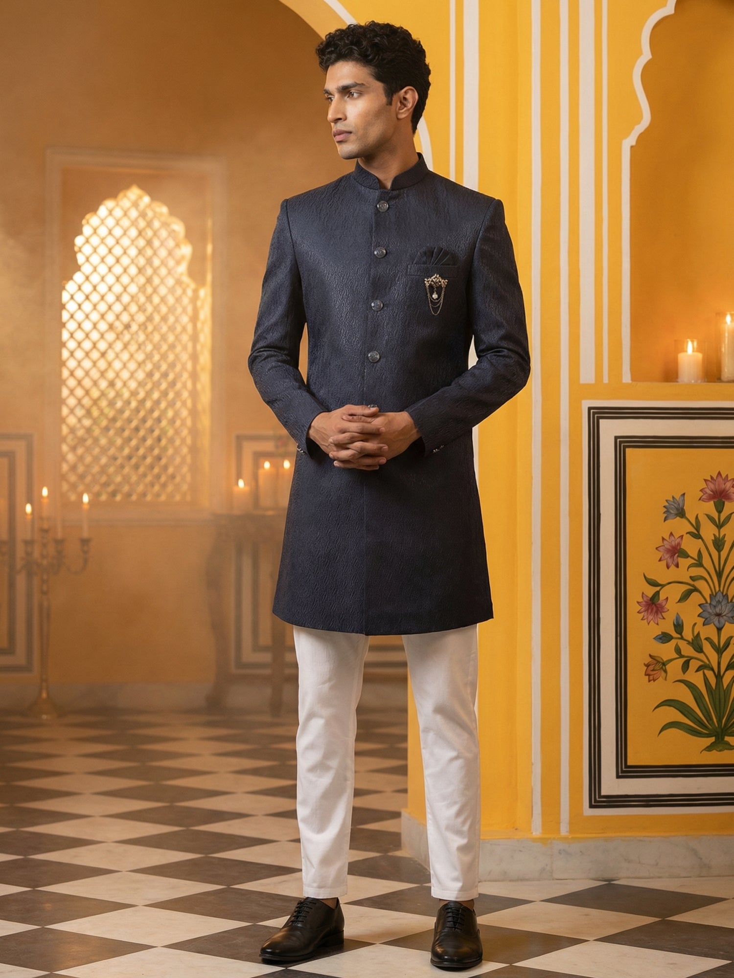 DesiQlo Men Embroidered Indo Western Set - Blue - 50JIND_P5W_171Navy_S