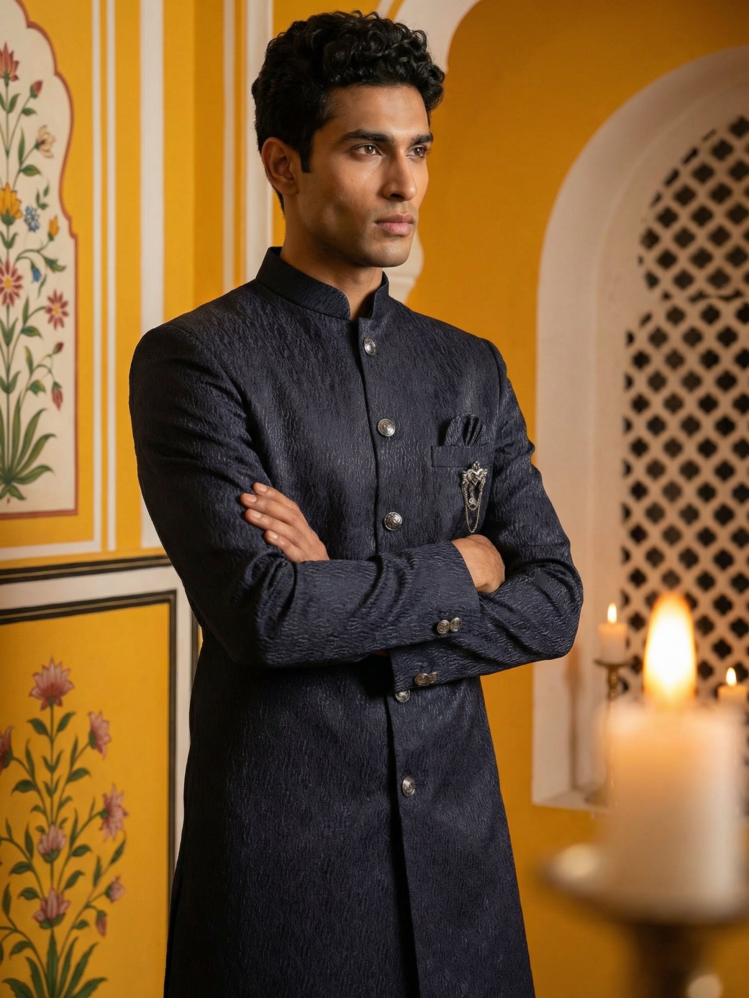 DesiQlo Men Embroidered Indo Western Set - Blue - 50JIND_P5W_171Navy_S