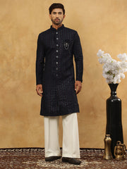 Men’s Navy Velvet Embroidered Indo-Western Set ( 50JIND PJ11W 103Blue )