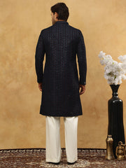 Men’s Navy Velvet Embroidered Indo-Western Set ( 50JIND PJ11W 103Blue )