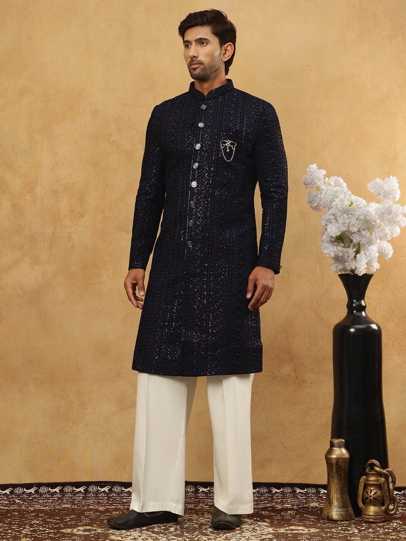 DesiQlo Men Embroidered Indo Western Set - Blue - 50JIND_PJ11W_103Blue