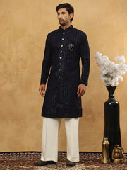 Men’s Navy Velvet Embroidered Indo-Western Set ( 50JIND PJ11W 103Blue )