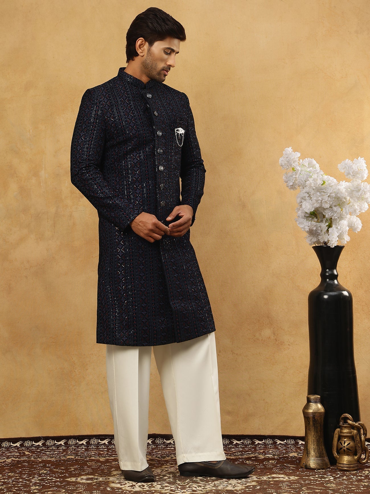 DesiQlo Men Embroidered Indo Western Set - Blue - 50JIND_PJ11W_103Blue