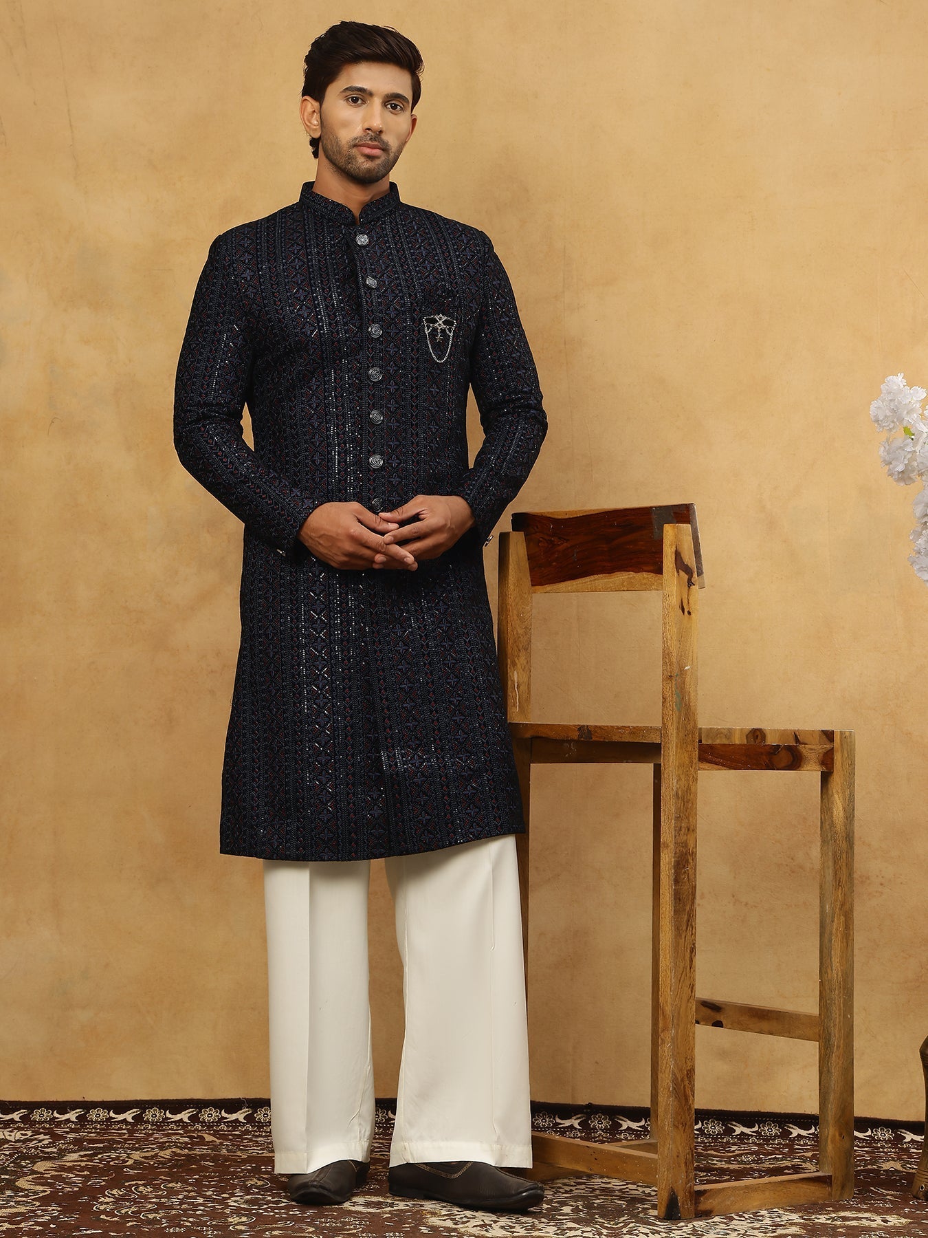 DesiQlo Men Embroidered Indo Western Set - Blue - 50JIND_PJ11W_103Blue