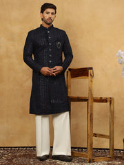 Men’s Navy Velvet Embroidered Indo-Western Set ( 50JIND PJ11W 103Blue )