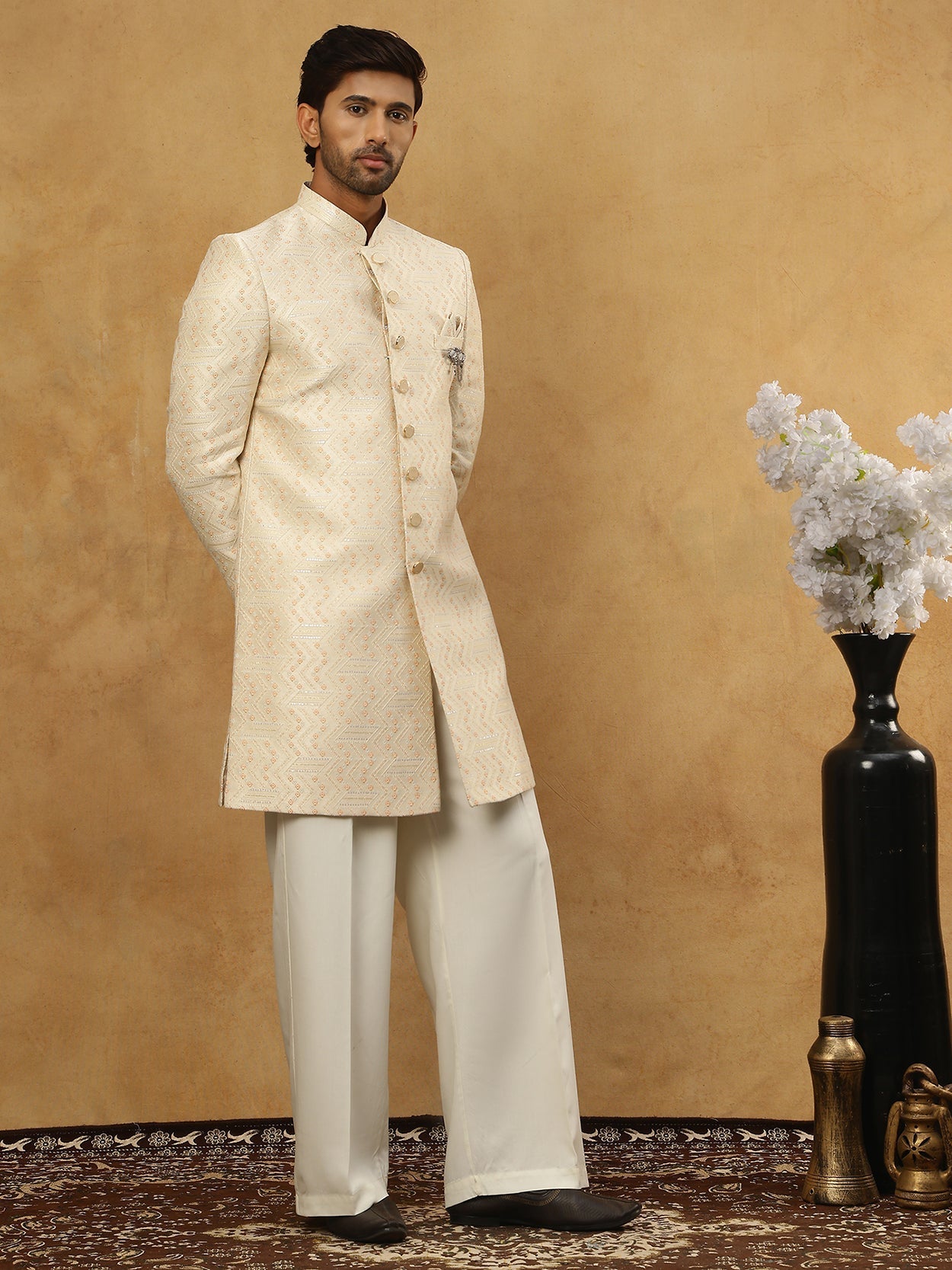 DesiQlo Men Embroidered Indo Western Set - Beige - 50JIND_PJ11W_137Cre