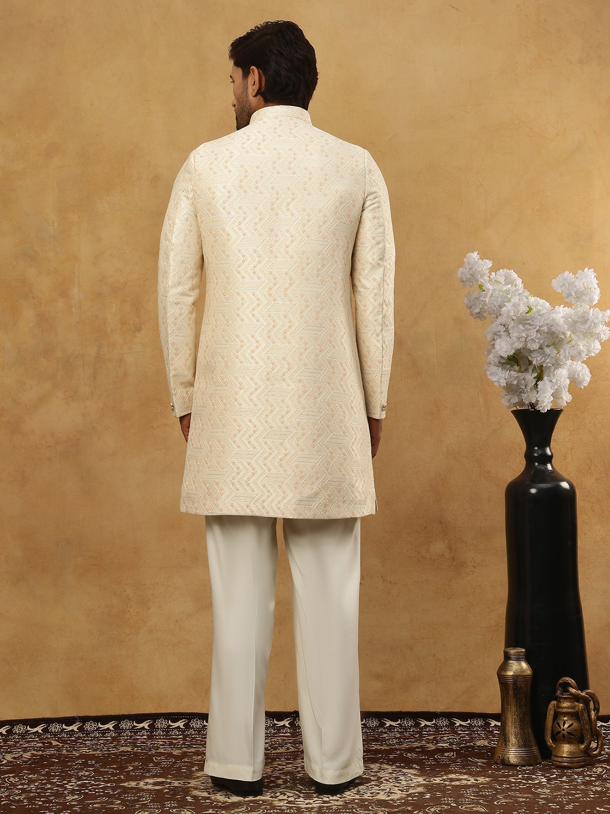DesiQlo Men Embroidered Indo Western Set - Beige - 50JIND_PJ11W_137Cre