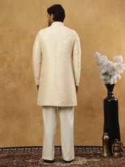 Jacquard Silk Embroidered Indo-Western Set ( 50JIND PJ11W 137Cream )