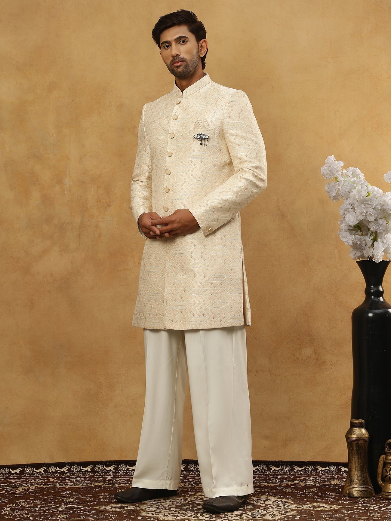 DesiQlo Men Embroidered Indo Western Set - Beige - 50JIND_PJ11W_137Cre
