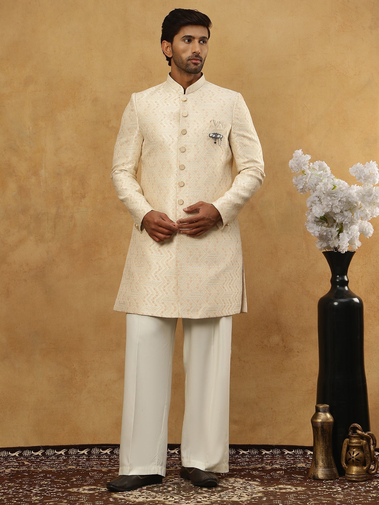DesiQlo Men Embroidered Indo Western Set - Beige - 50JIND_PJ11W_137Cre