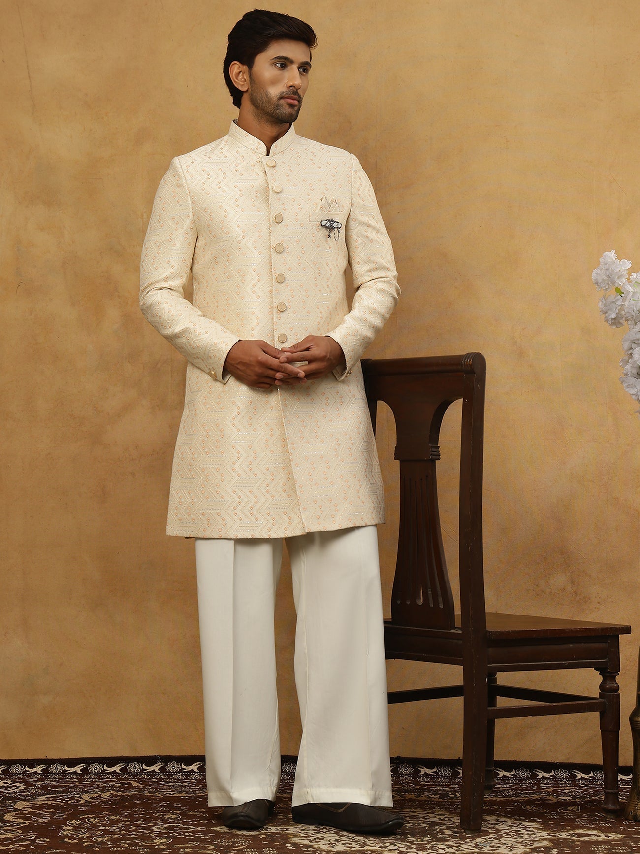 DesiQlo Men Embroidered Indo Western Set - Beige - 50JIND_PJ11W_137Cre