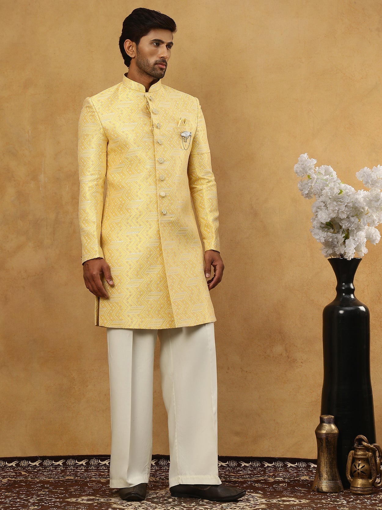 DesiQlo Men Embroidered Indo Western Set - Yellow - 50JIND_PJ11W_137Ye