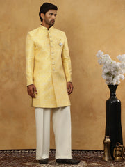 Jacquard Silk Embroidered Indo-Western Set ( 50JIND PJ11W 137Yellow )