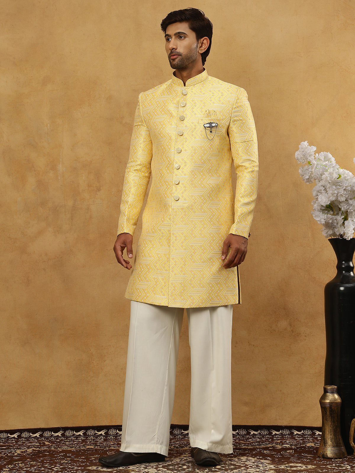 DesiQlo Men Embroidered Indo Western Set - Yellow - 50JIND_PJ11W_137Ye